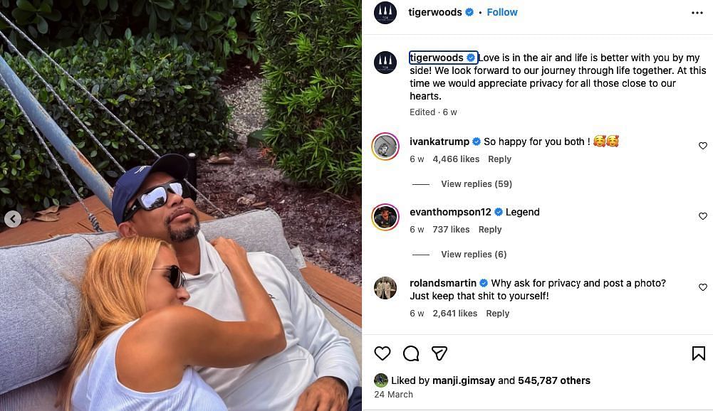 Tiger Woods announces relationship with Vanessa Trump on Instagram_Image Source: Instagram/@tigerwoods